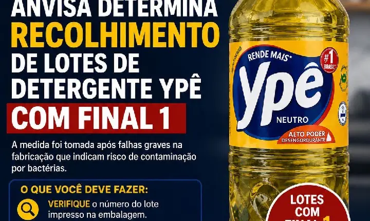 Alerta ao consumidor: Anvisa determina recolhimento de lotes de detergente Ypê com final 1