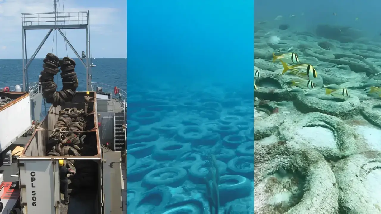 Lançados ao mar em 1978, pneus preenchidos com concreto transformaram-se em um próspero habitat para peixes, lagostas e diversas outras espécies marinhas