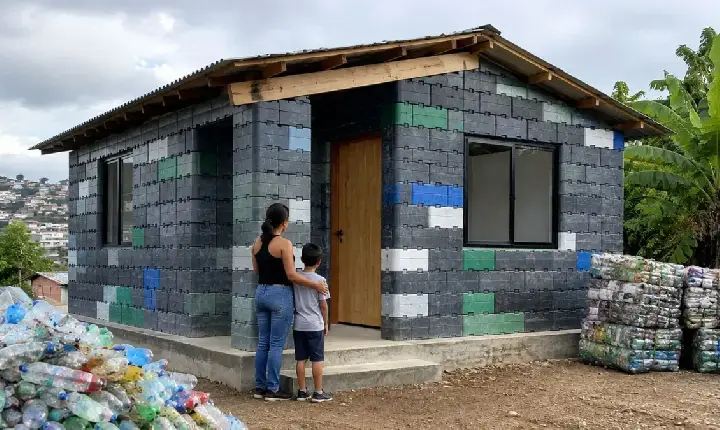 Tijolos com os dias contados: mulher recebe casa pré-fabricada com blocos de plástico reciclado erguida em dois dias