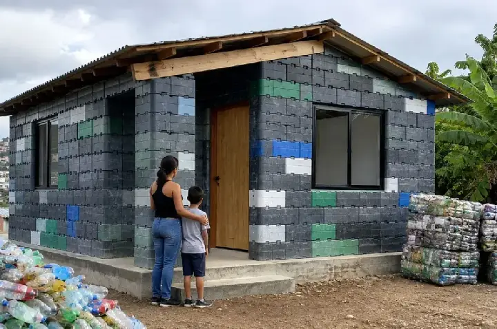 Tijolos com os dias contados: mulher recebe casa pré-fabricada com blocos de plástico reciclado erguida em dois dias