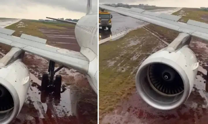 Vídeo: avião foi parar em área de lama após derrapar da pista no Paraná