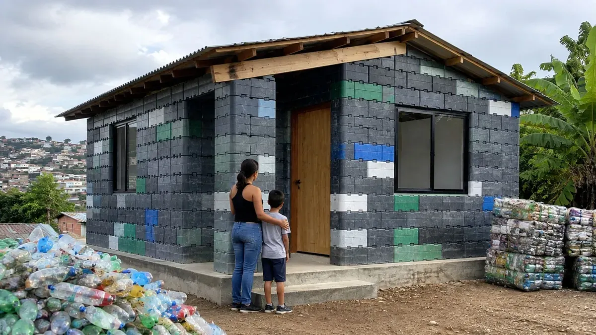 Tijolos com os dias contados: mulher recebe casa pré-fabricada com blocos de plástico reciclado erguida em dois dias